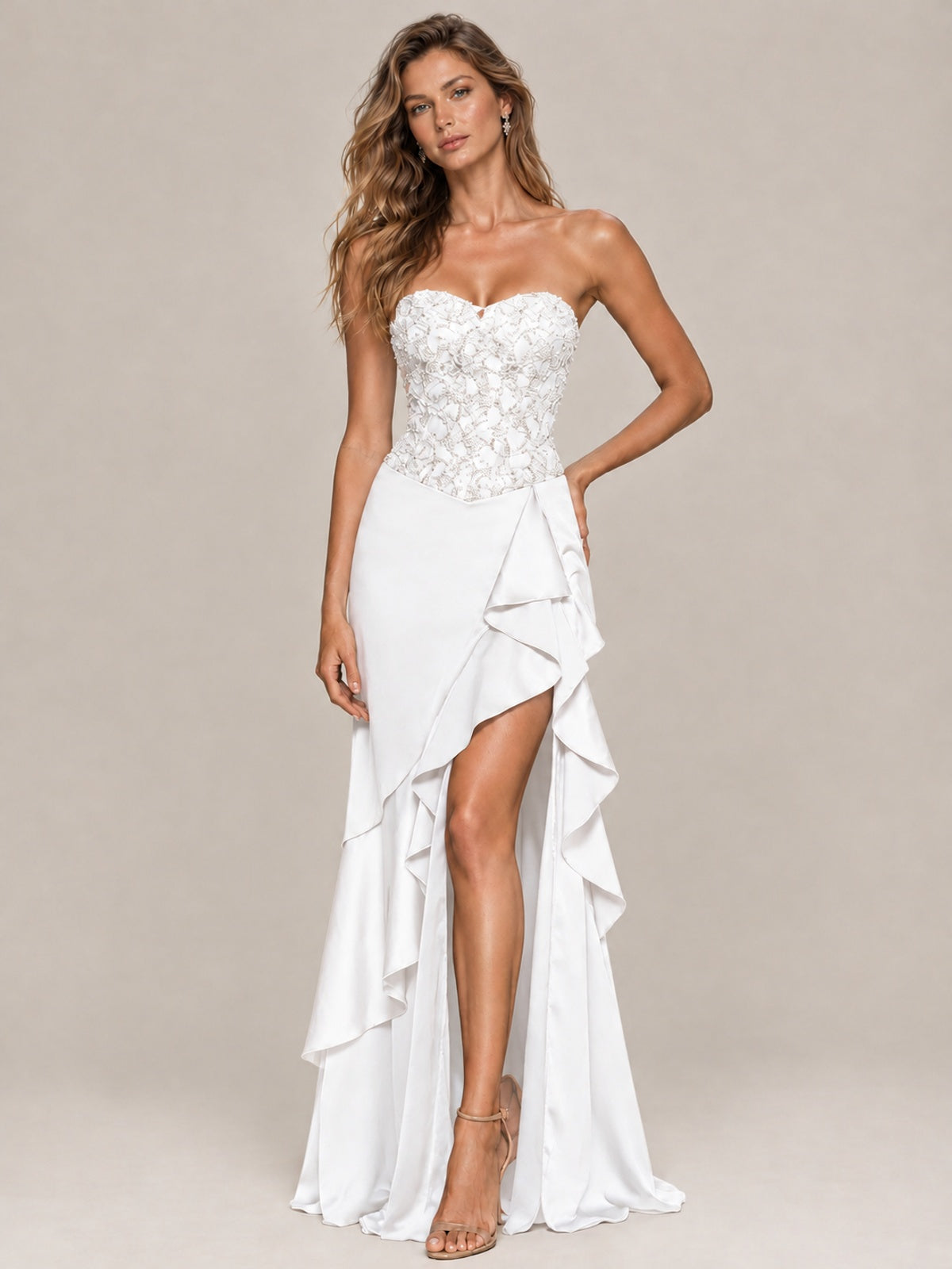 Strapless Lace Appliques Corset Satin Prom Dress Ruffle Slit Evening Gown