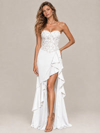 Strapless Lace Appliques Corset Satin Prom Dress Ruffle Slit Evening Gown
