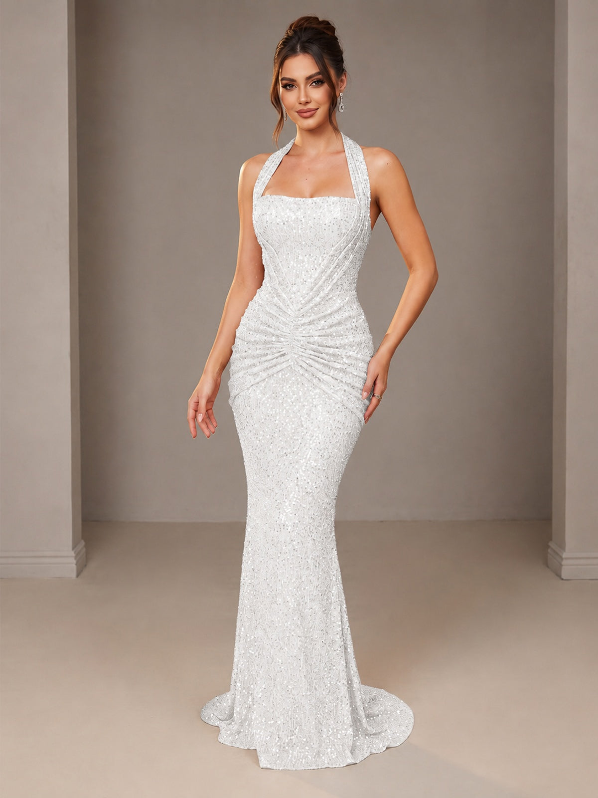 White Halter Sequin Mermiad Ruched Prom Dress Long Ruched Eveing Gown