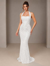 White Halter Sequin Mermiad Ruched Prom Dress Long Ruched Eveing Gown