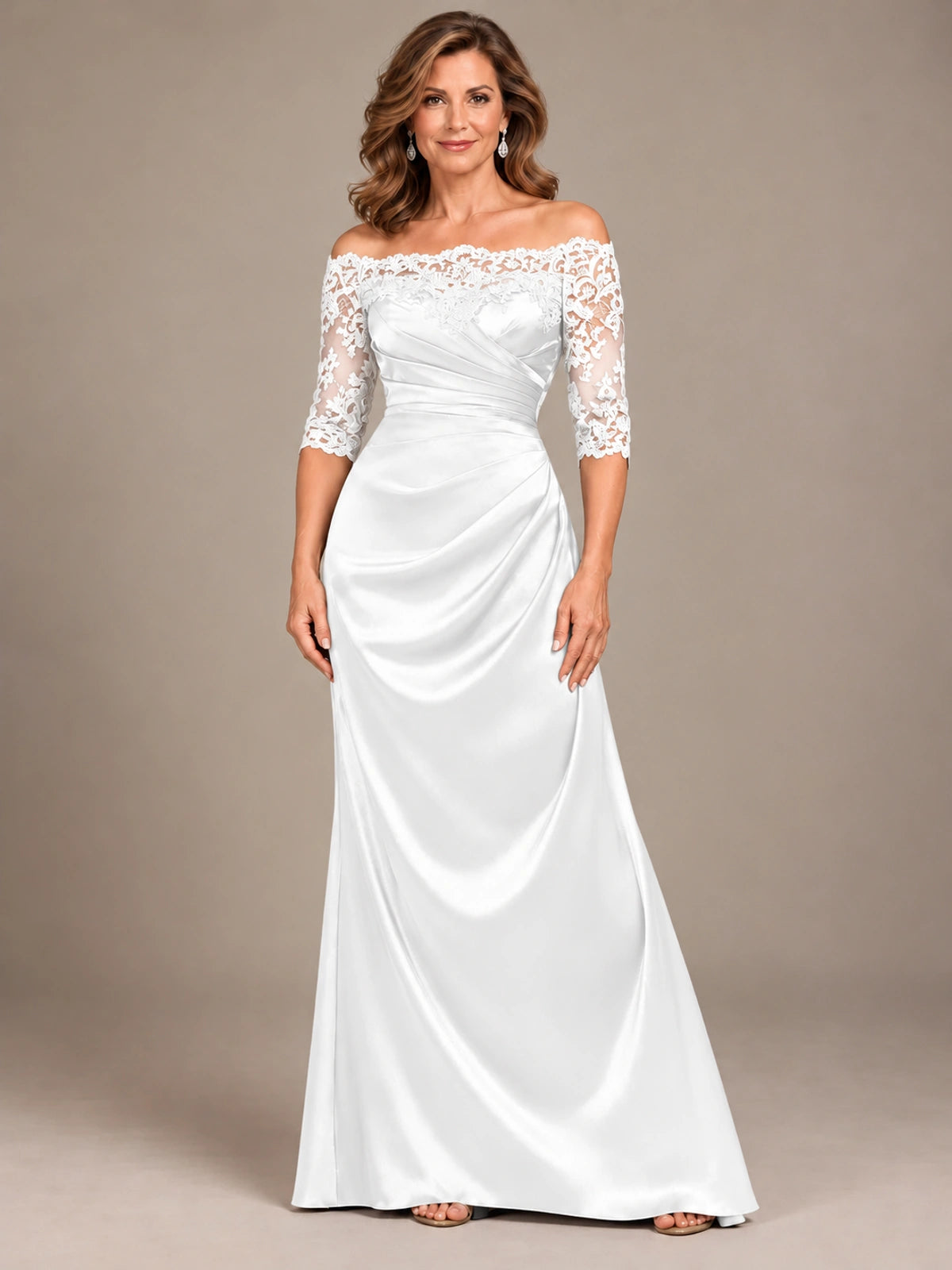 Satin Mother of the Bride Dress with Lace Sleeves Off Shoulder Formal Gown
