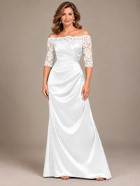 Satin Mother of the Bride Dress with Lace Sleeves Off Shoulder Formal Gown