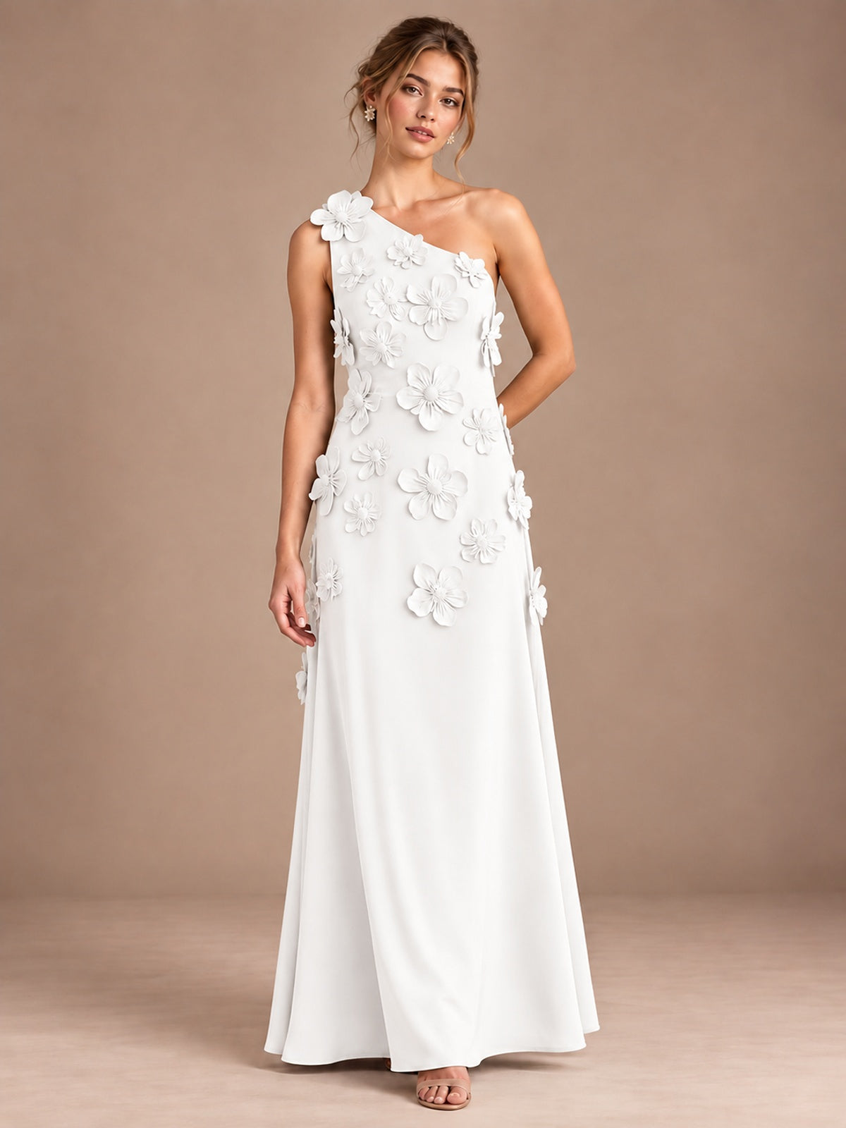 White- One Shoulder Satin Formal Maxi Dress with 3D Floral