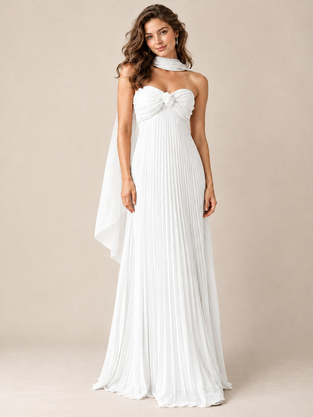 Sweetheart Neckline Pleated Prom Dress Strapless A-line Formal Dress with Flowy Scarf