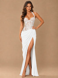 Sweetheart Halter Prom Dress Pleated Lace Floral Formal Dress with Slit