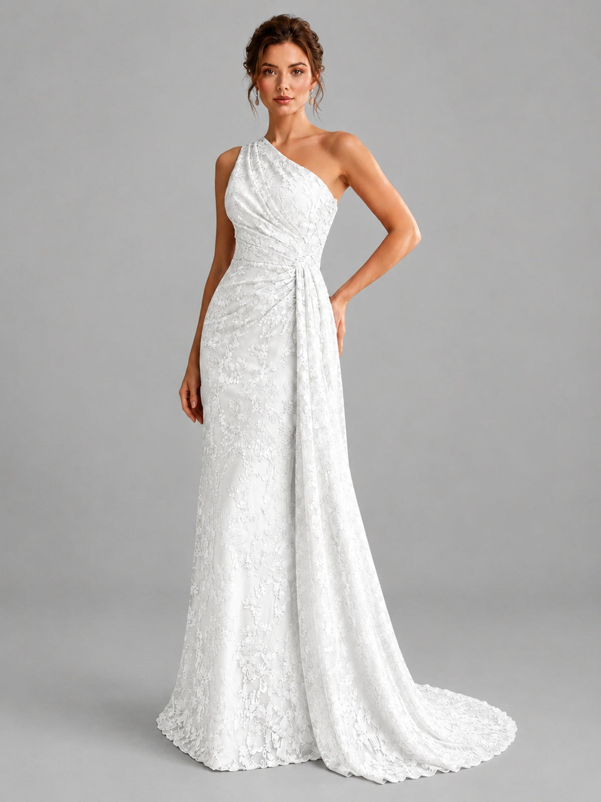 One-Shoulder Ruched Floral Lace Floor-Length Prom Dress