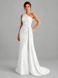 One-Shoulder Ruched Floral Lace Floor-Length Prom Dress