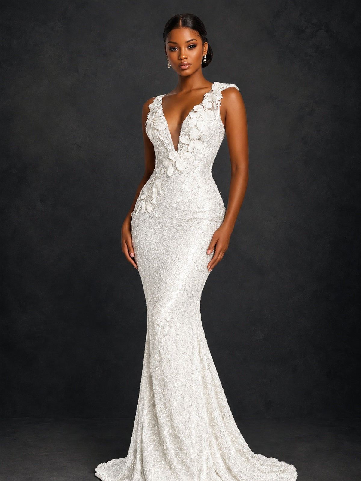Gold Sequin Floral Applique Mermaid Prom Dress