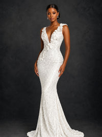 Gold Sequin Floral Applique Mermaid Prom Dress