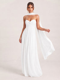 White Strapless Ruched Chiffon Long Prom Dress with Scarf A-line Sweetheart Ruffled Formal Wedding Guest Dress Evening Gown