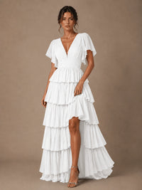 Chiffon V-Neck Tiered Ruffle Bridesmaid Dress with Slit