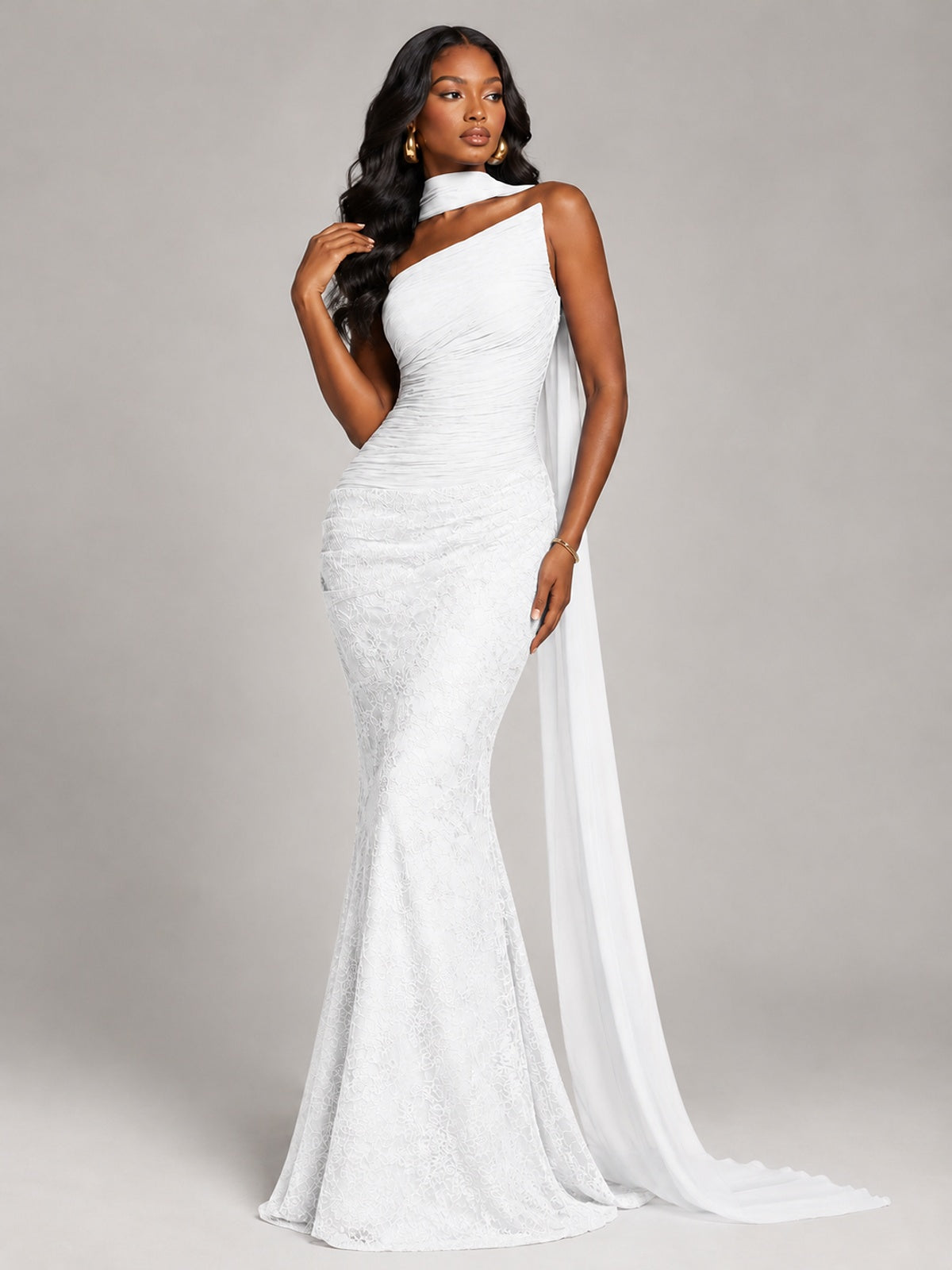 Pleated Chiffon Lace Prom Dresses Long Bodycon Mermaid with Scarf
