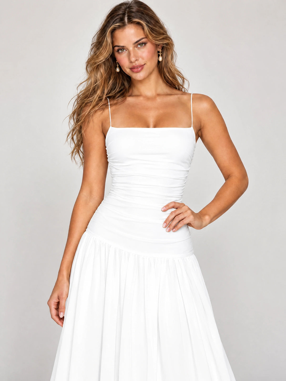 Butter Yellow Ruched Spaghetti Strap Drop-Waist Prom Dress
