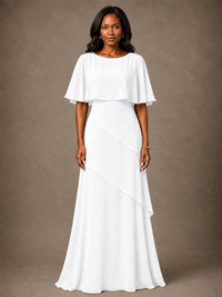 Taupe Chiffon A-Line Mother of the Bride Dress with Cape Sleeves