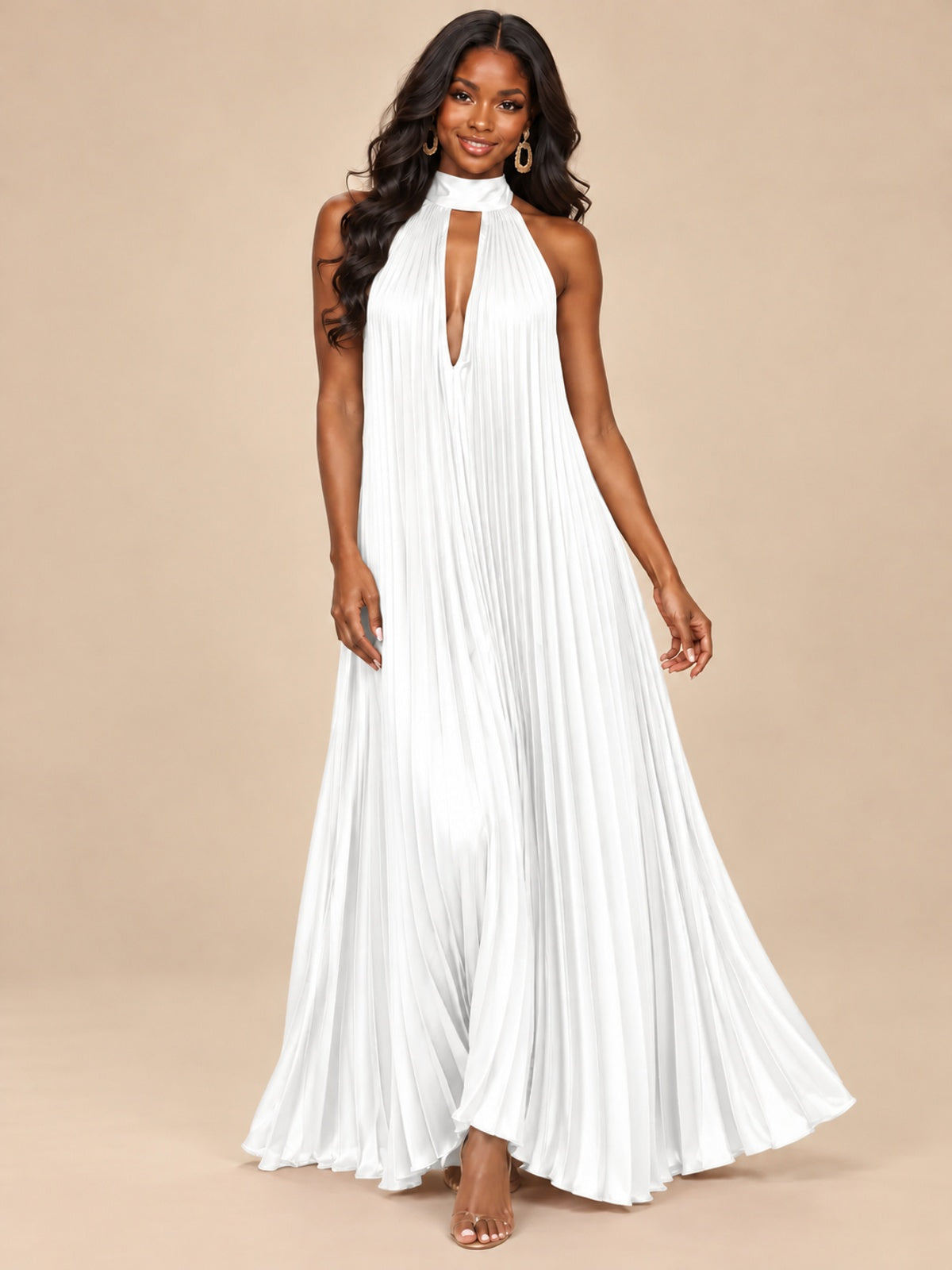 Rust Orange Pleated Halter Neck Maxi Dress