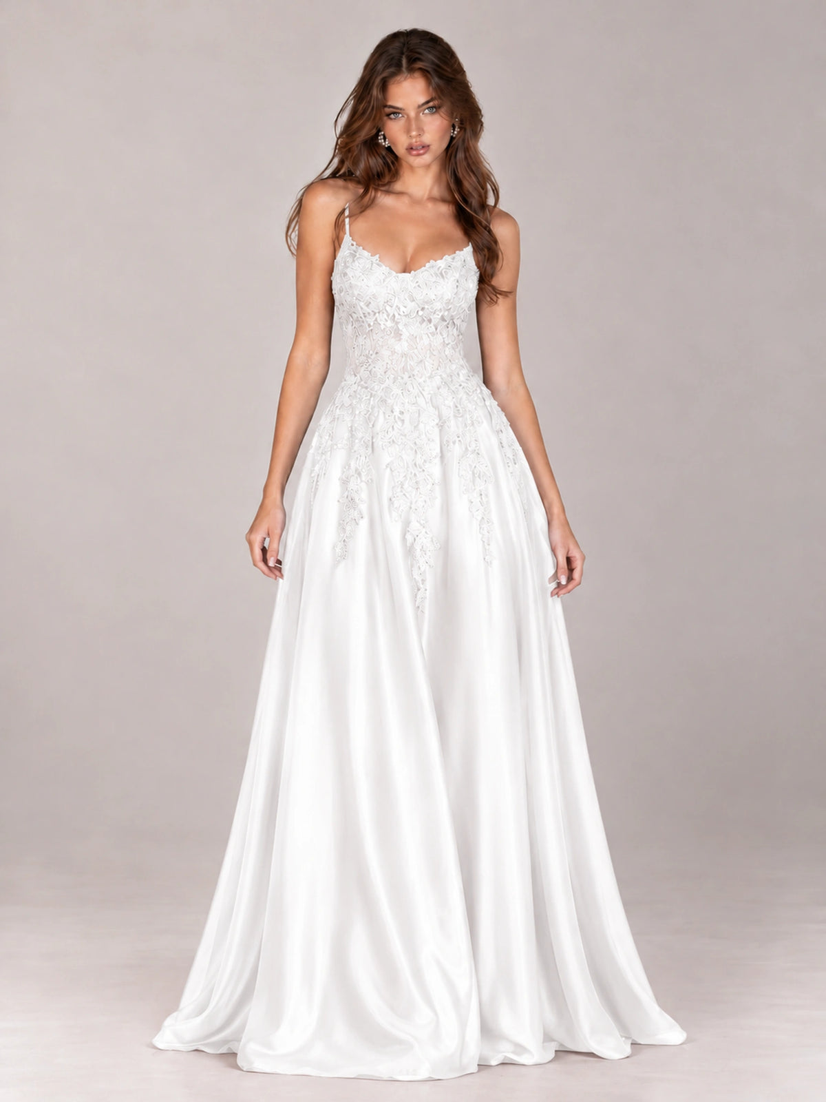 Lace Applique Satin A-Line Prom Dress with Sheer Bodice