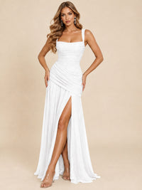 Wrap Pleated Prom Dress Scoop Neck with Slit Women Wedding Formal Dress