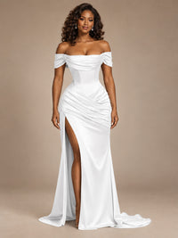 Burgundy Off-the-Shoulder Satin Corset Prom Dress with Slit