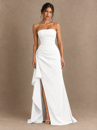 Black and White Strapless Ruched Prom Dress with High Slit & Side Drape
