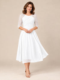 White-Lace Applique Pleated Tea Length Mother of The Bride Dresses