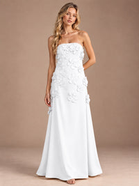 White-Strapless 3D Floral A-line Satin Prom Maxi Dress Formal Evening Gown