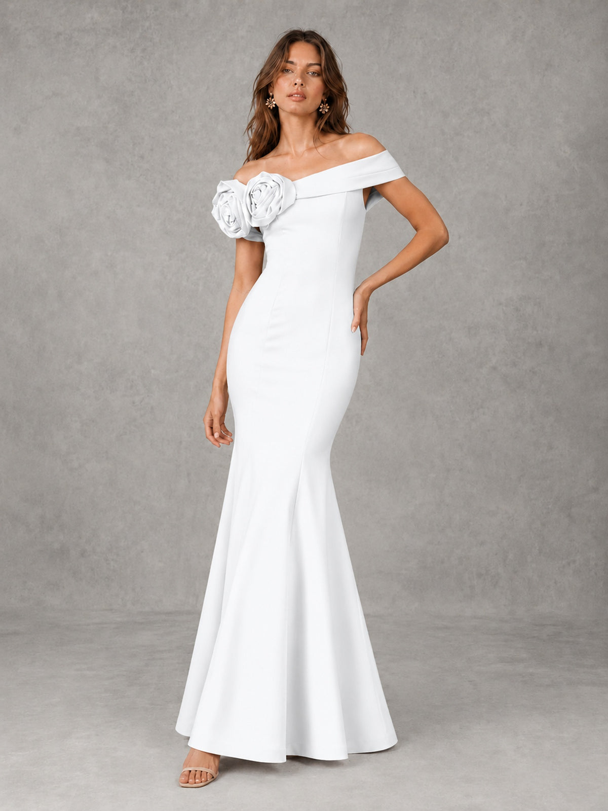 Blush Pink Off Shoulder Mermaid Bridesmaid Dress with Floral Rosette