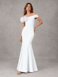 Blush Pink Off Shoulder Mermaid Bridesmaid Dress with Floral Rosette