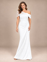 White-Lace One Shoulder Chiffon Ruched Mother of The Bride Dresses