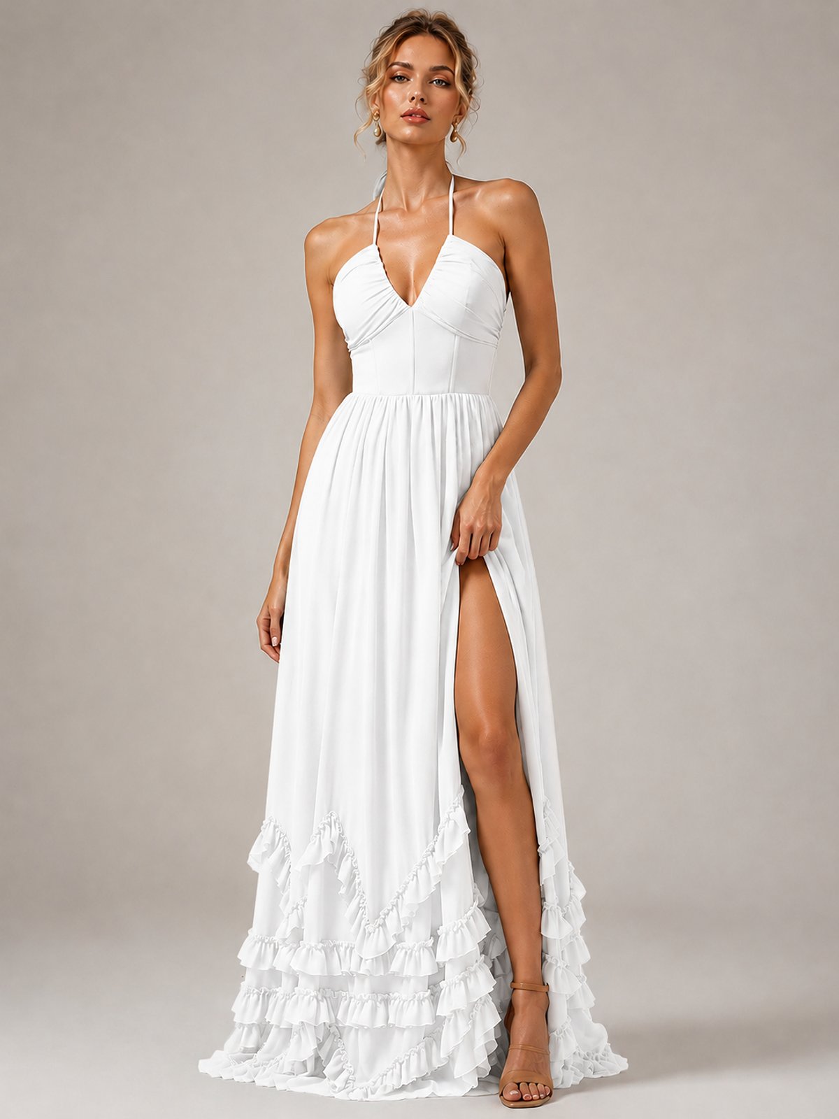 Halter V Neck Chiffon Formal Dress with Lace-Up Back and Ruffle Hem