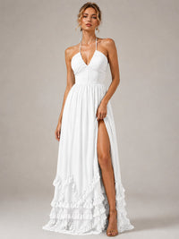 Halter V Neck Chiffon Formal Dress with Lace-Up Back and Ruffle Hem