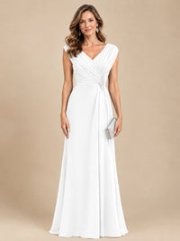 V Neck Pleated Mother of The Bride Dresses with Beading Cap Sleeves
