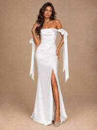 Off The Shuolder Satin Prom Dress Slit Mermaid Formal Gowns