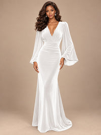 Burgundy Velvet Deep V-Neck Ruched Long Sleeve Maxi Dress
