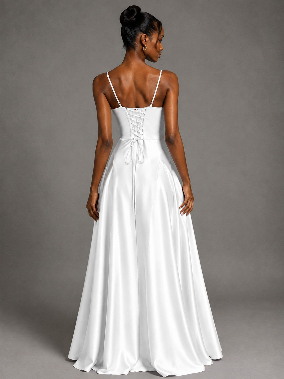 Lavender V Neck Satin Prom Dress with Spaghetti Straps