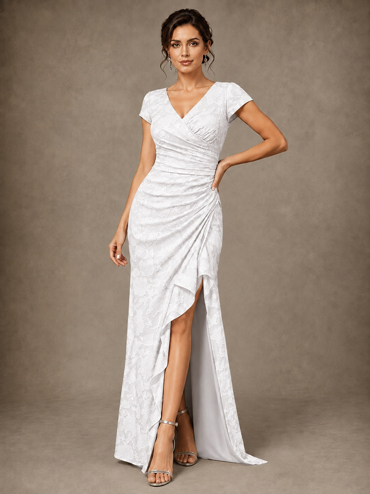 V-Neck Floral Jacquard Mother of the Bride Dress with Slit