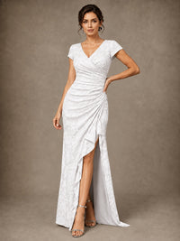 V-Neck Floral Jacquard Mother of the Bride Dress with Slit