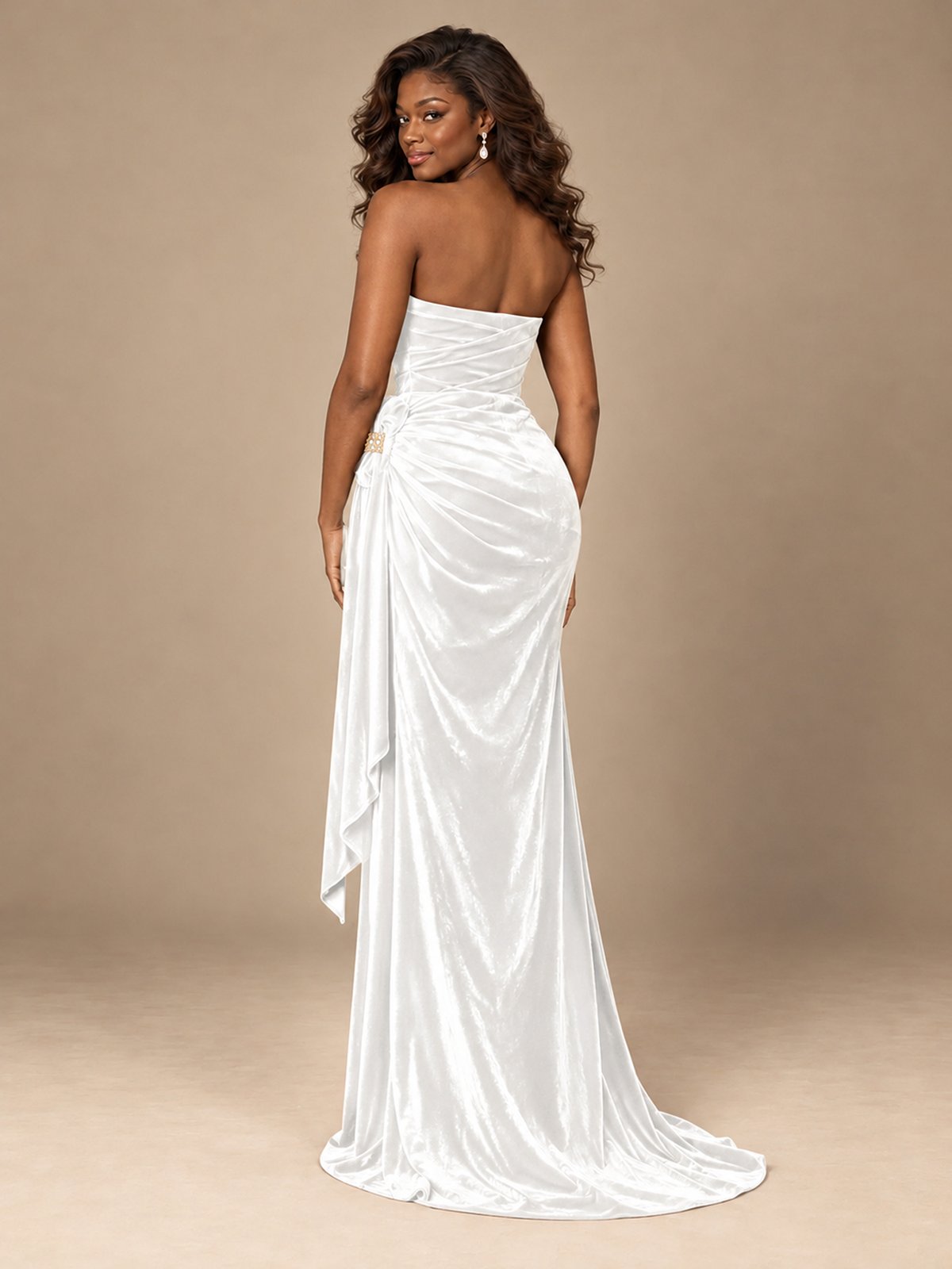 Burgundy Velvet Strapless Ruched Prom Dress with Jeweled Side Drape