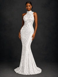 Sparkly Sequin High Neck Mermaid Prom Dress