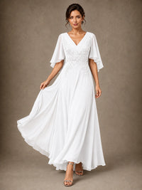 V-Neck Chiffon Lace Mother of the Bride Dress with Flutter Sleeves