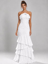 Halter Tiered Mermaid Prom Dress with Sparkly Lace