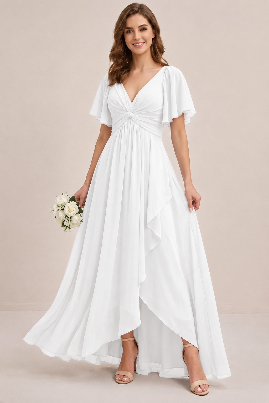 Dusty Blue Chiffon Bridesmaid Dress with Flutter Sleeves & High-Low Hem