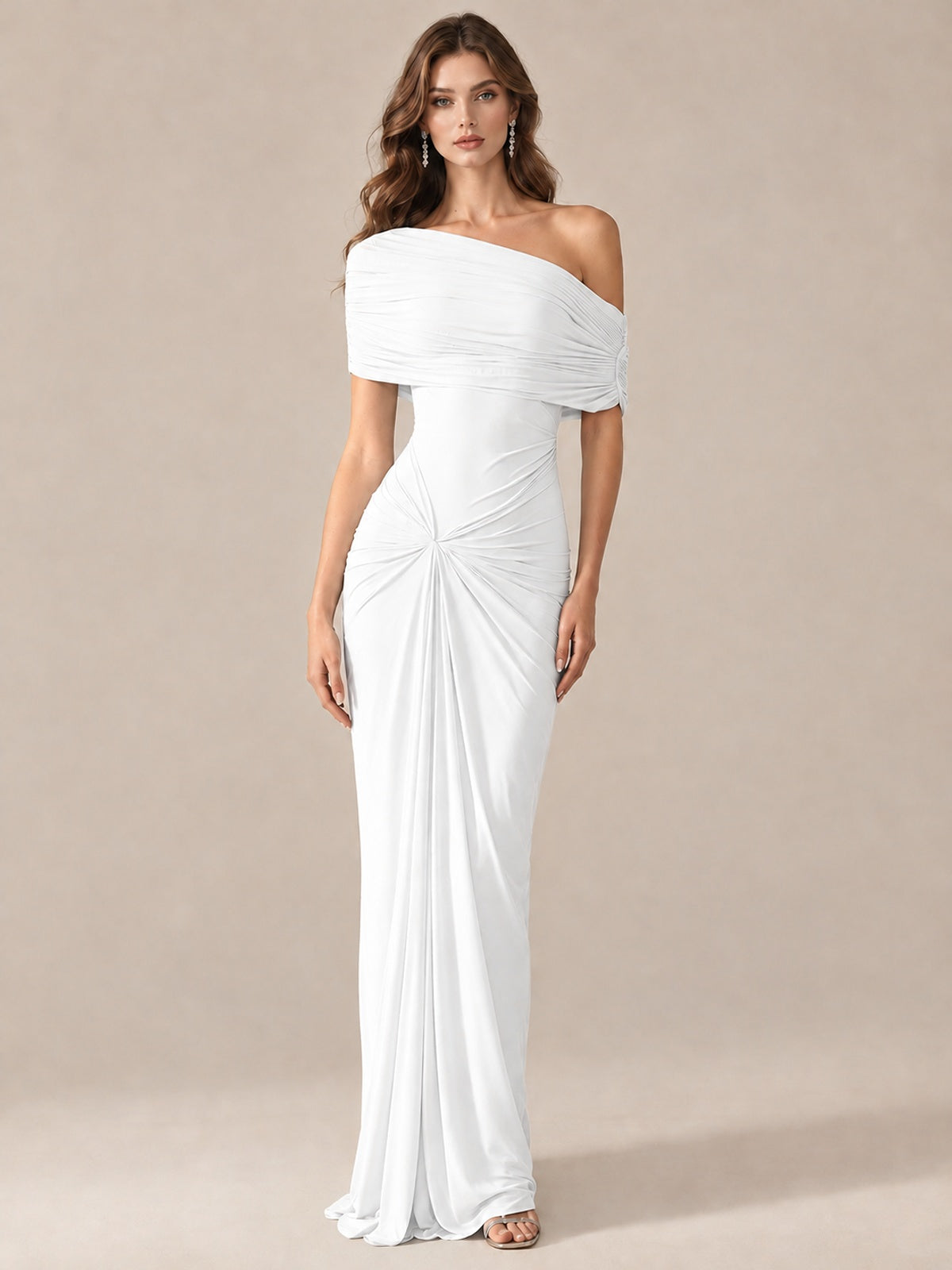 Elegant Draped Off Shoulder Ruched Mermaid Chiffon Formal Evening Gown