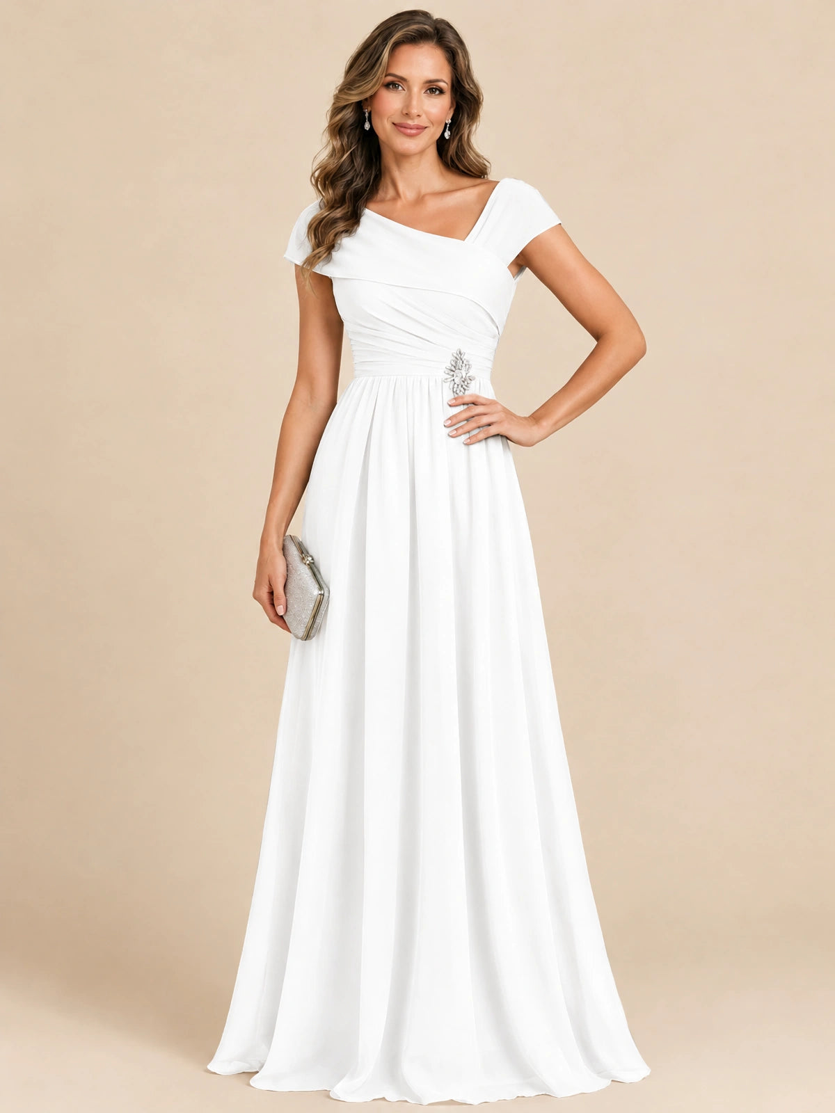 Cap Sleeve Mother of The Bride Dresses Long Chiffon Formal Gowns