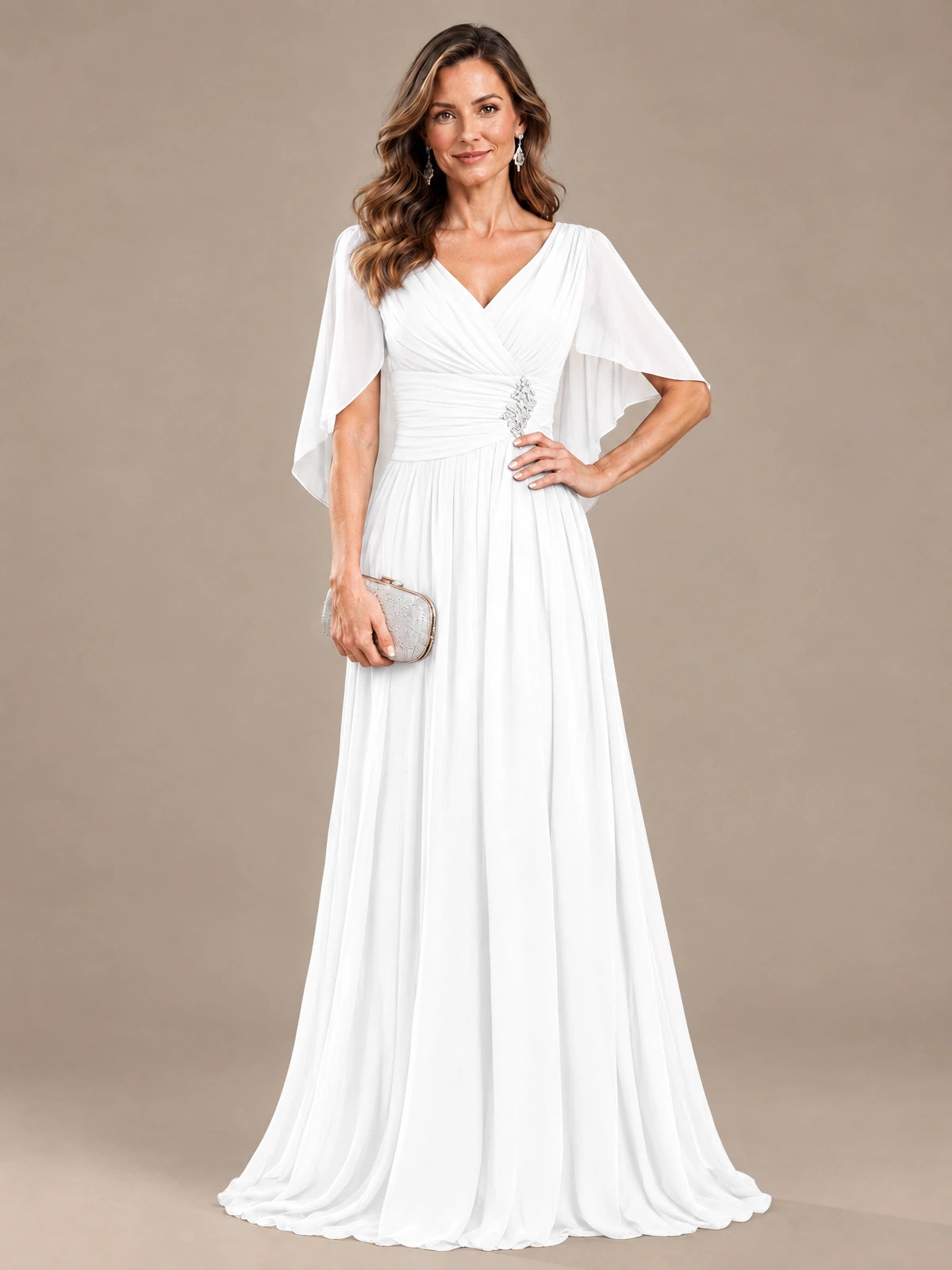 Ruched V Neck Mother of The Bride Dresses with Shawls Appliques and Cap Sleeves