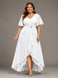 Jacquard Chiffon A-Line V-Neck High-Low Mother of the Bride Dress