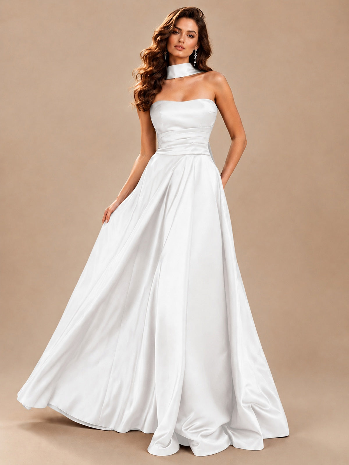 Strapless Prom Dress Side High Slit A-line Formal Dress with Scarf