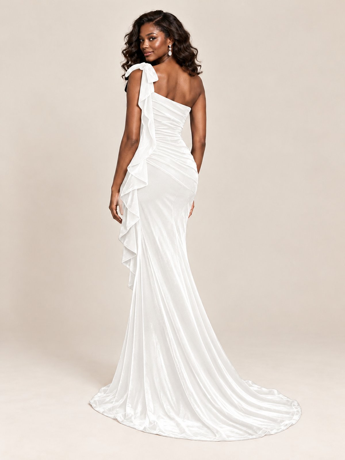 Black Velvet One-Shoulder Mermaid Evening Gown with Bow & Ruffles