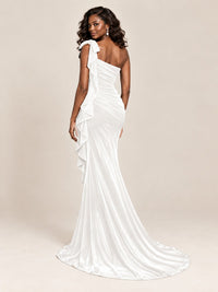 Black Velvet One-Shoulder Mermaid Evening Gown with Bow & Ruffles