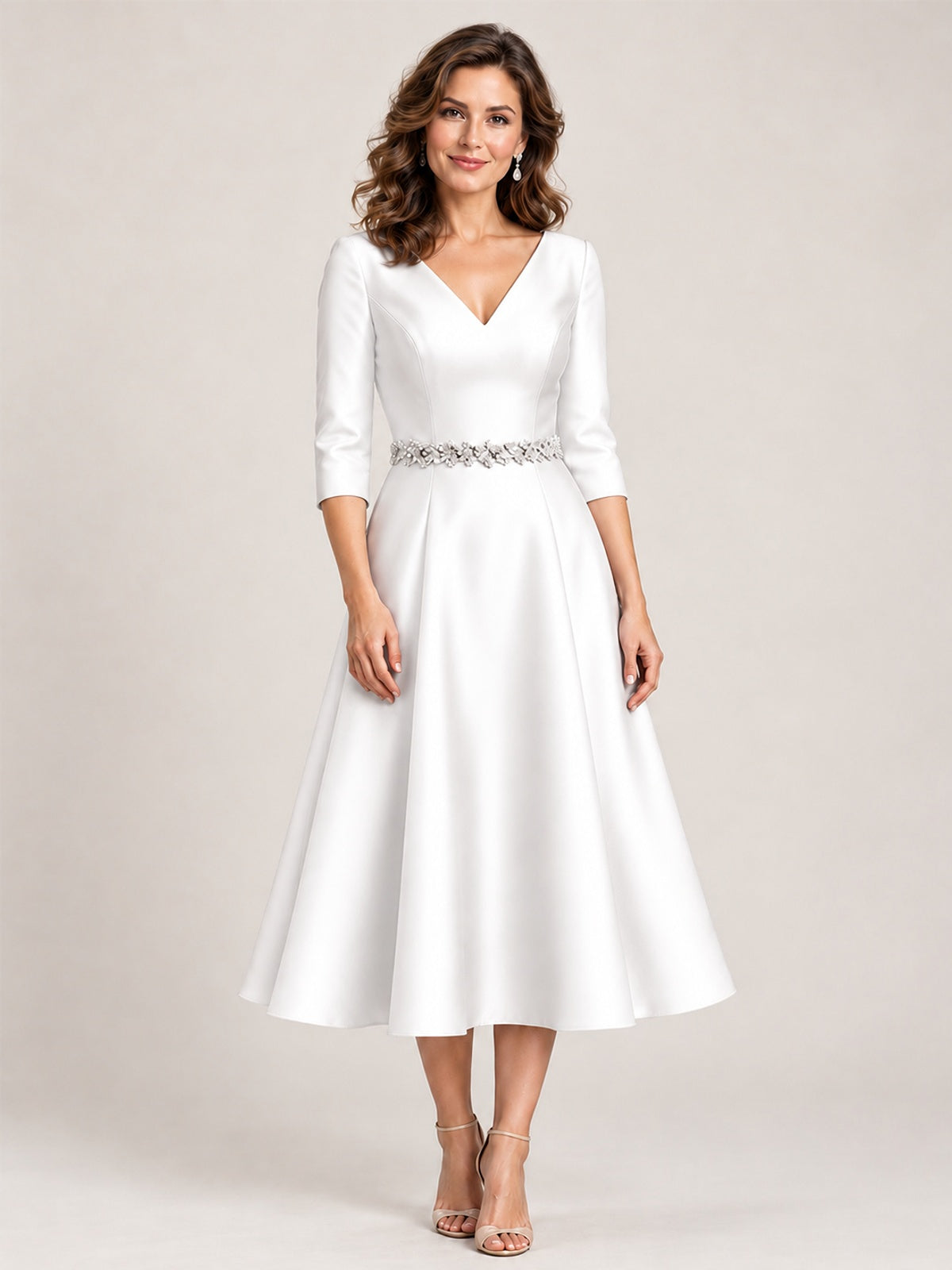 White V-Neck Tea-Length Mother of the Bride Dress with Embellished Waist