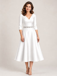 White V-Neck Tea-Length Mother of the Bride Dress with Embellished Waist